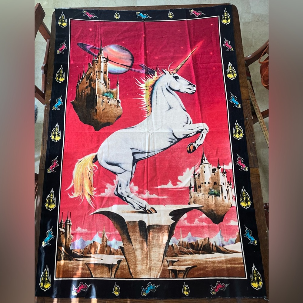 Vintage 1980s Unicorn Castle Space Tapestry